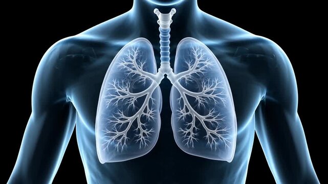 Medical X-ray illustration of human lungs and respiratory system inside a male torso