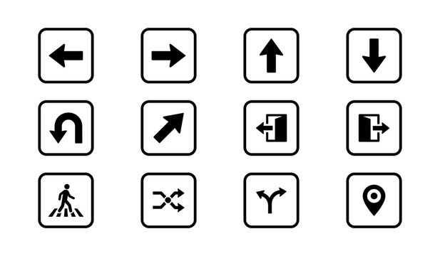 Arrow direction sign collection featuring navigation symbols for left right up down u turn diagonal exit entrance pedestrian crossing shuffle split paths and location pin pointer icon icons set.