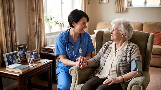 Caring caregiver assisting elderly woman with health check in cozy home environment
