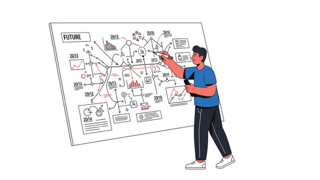 Man drawing a complex flowchart on a whiteboard, illustrating future planning and strategy.