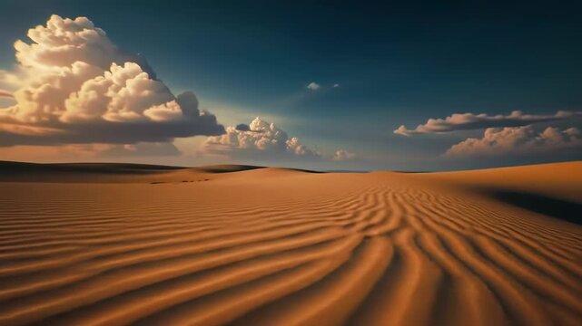 Sand dunes with rippled texture under cloudy sky