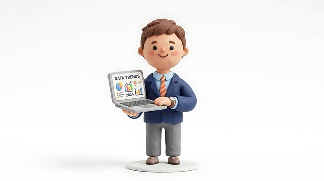 Cartoon businessman character holding a laptop with charts and graphs