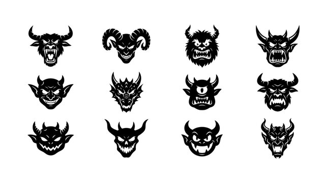 Collection of mythical creature and horned demon heads featuring fierce expressions fangs sharp teeth and demonic horns for dark fantasy project imagery gaming logo branding or gothic style art.
