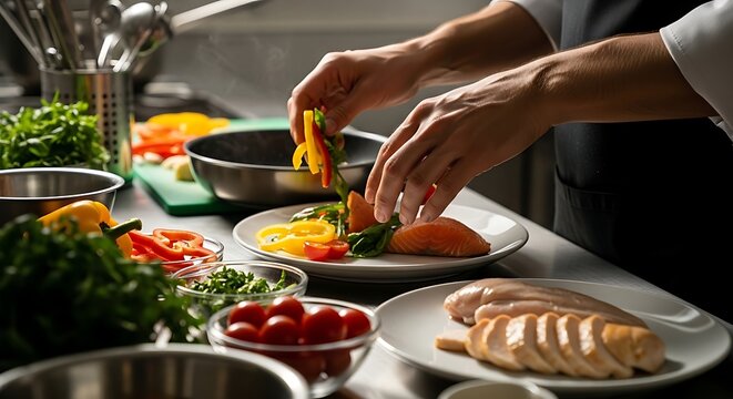 Chef carefully plating colorful fresh ingredients for gourmet dish preparation
