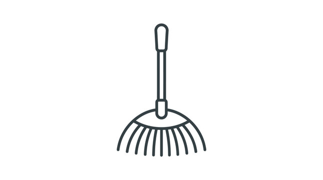 A simple line drawing of a garden rake with a long handle and fan-shaped head on a white background.