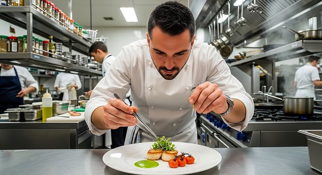 Chef meticulously garnishing a gourmet dish in a professional kitchen setting