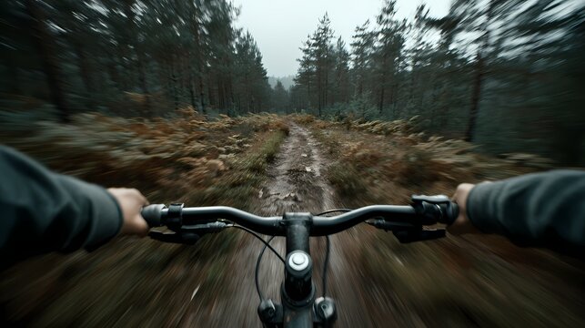 Cyclist rides a mountain bike on a forest trail.
