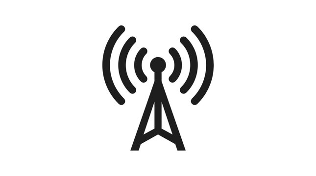 Black icon of a radio broadcasting tower with signal waves on a white background.
