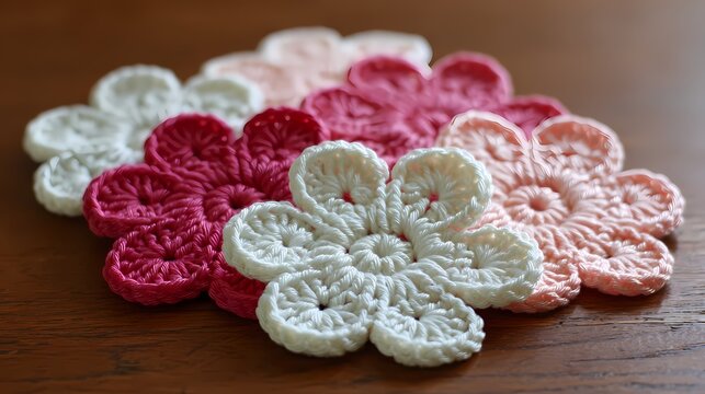 Crochet flowers decorate a dark wooden table.