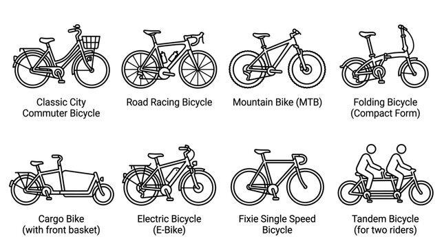 Set of various types of bicycles and cycles line art icons.