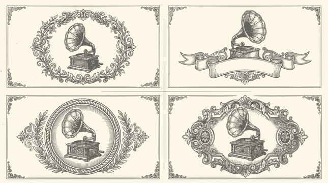 Set of vintage gramophone illustrations in ornate decorative frames.