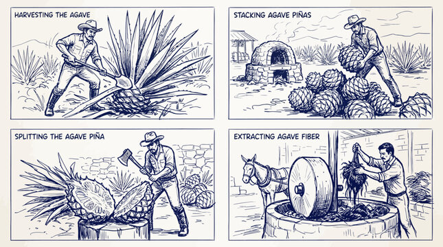 Steps of traditional tequila production showing harvesting and processing agave plants.