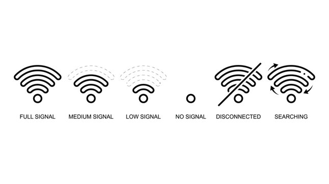 Set of Wi-Fi Signal Strength and Connection Status Line Icons.