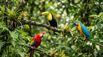 Obraz premium Colorful tropical birds perched on tree branch in lush green rainforest