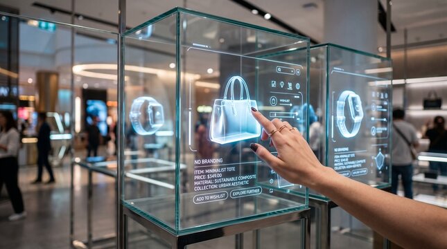 A person interacts with a futuristic digital display showcasing a handbag in a glass exhibit at a technology museum event.