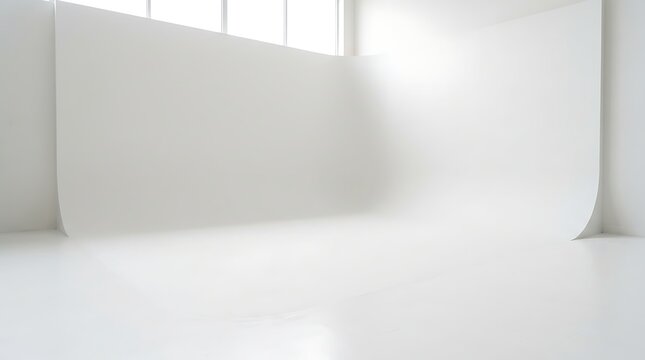 Clean empty white studio background seamless cyclorama curve bright natural light