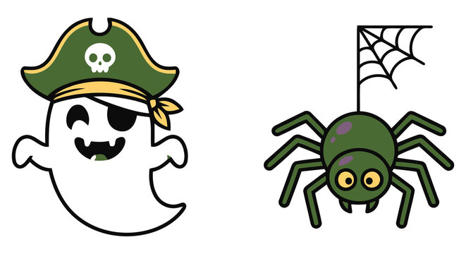 Pirate hat ghost and spider illustration black outlines on white background cartoon drawing vector graphic