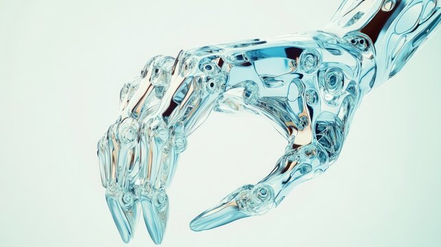 A robotic hand with intricate translucent details.