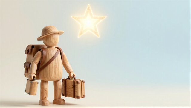 Wooden traveler with suitcase and backpack aims for glowing star in bright sky.