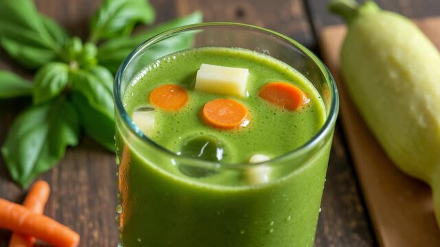 This vibrant green smoothie is packed with nutrients from carrots and avocado, making it a healthy and refreshing drink option.