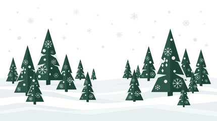 Obraz premium Winter Wonderland: A charming illustration depicts a serene winter landscape with numerous decorated Christmas trees nestled in a snowy expanse, while delicate snowflakes drift down.