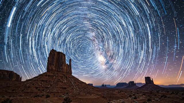 Cinematic hyperlapse of vibrant star trails rotating over a majestic desert mesa under a deep blue cosmic night sky with glowing celestial patterns