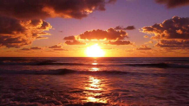 Dramatic sunset over ocean with vibrant orange clouds