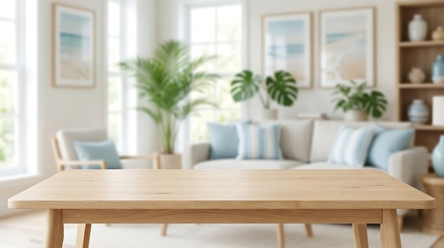 Empty wooden table top in bright modern coastal living room background for product display presentation mockup scene