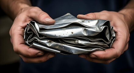 Fototapeta premium Hands Holding Crumpled Metal Sheet with Dirty Texture and Industrial Aesthetic in a Close-up Capture