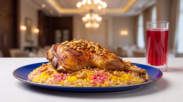 Traditional Kuwaiti Majboos feast with roasted lamb shank and nuts served with iced red Vimto drink inside luxury restaurant