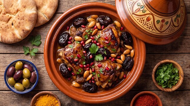Traditional Moroccan chicken tagine with glazed dried prunes and blanched almonds served under traditional maghreb cuisine flat lay view