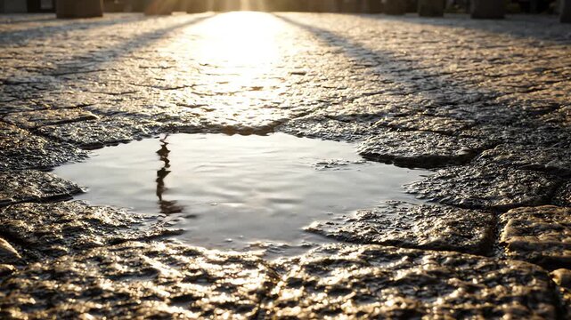 Cinematic timelapse of water puddle on textured stone pavement drying up as the sun shines revealing a clean dry surface