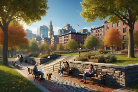 Beautiful Cozy Tranquil Sunny Summer Spring City Urban Walking Path Public Garden Park with Benches, Promenade Path, & Trees Scene in Providence Skyline, Rhode Island, RI USA. Secluded Nature Serenity