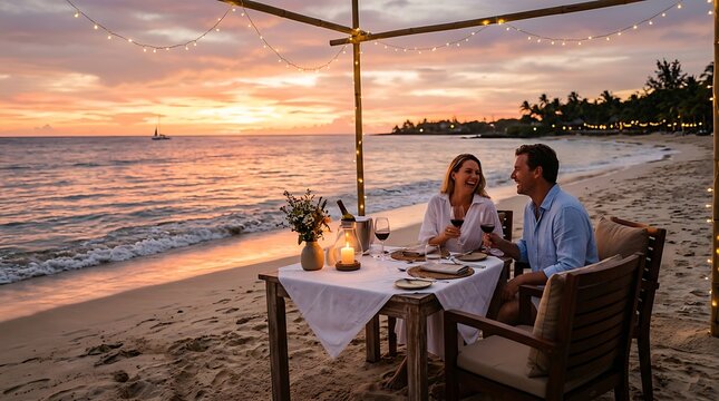 Couple enjoys romantic beach dinner at sunset with ocean view and string lights