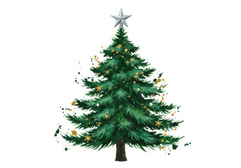 Fototapeta premium a perfectly symmetrical pine tree illustration in dark emerald watercolor, detailed wet-on-wet technique, with metallic stars, surrounded by gold and green paint splatters. concept of artistic