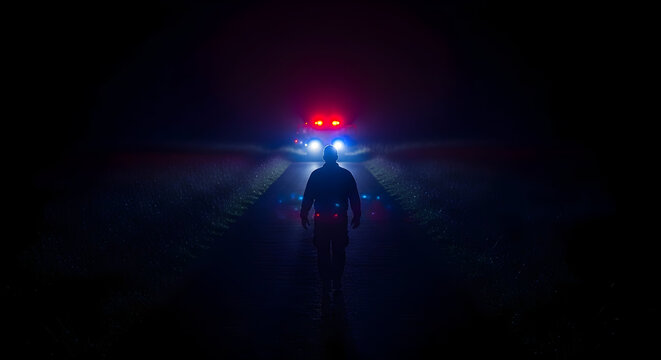 Lonely Silhouette of a Person Walking Towards Flashing Police Lights on a Dark Isolated Road at Night