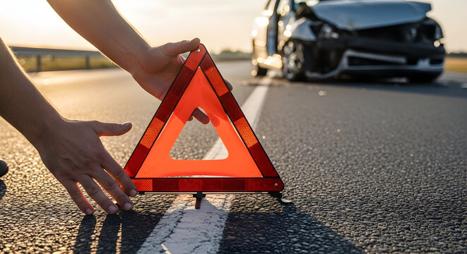 Emergency Roadside Assistance with Warning Triangle Placed on the Highway Next to a Damaged Vehicle After a Collision