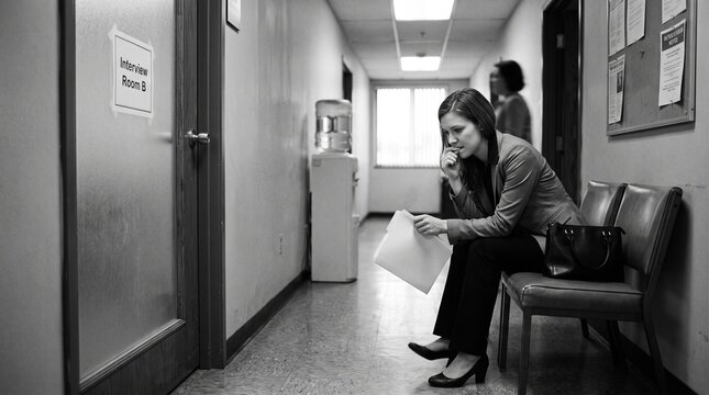 Nervous job candidate waiting outside an interview room, candid documentary photography, natural light