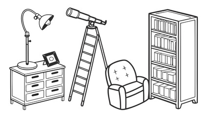 Interior furniture decor and telescope exploration set line art with furniture © Golap