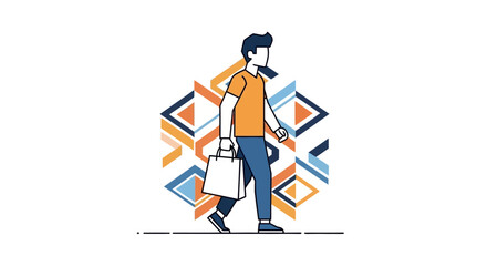 Fototapeta premium Man walks forward holding bag on urban geometric patterned background