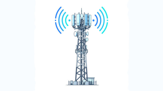 5G Network Tower Signal Transmission Illustration with Blue Wireless Waves