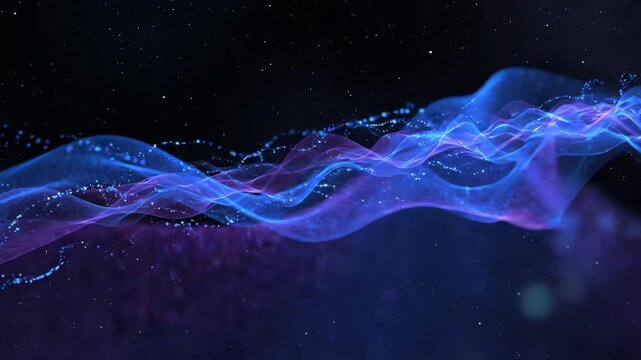 Seamless looping abstract visualization of vibrant blue and purple energy waves flowing through a dark void with elegant light trails