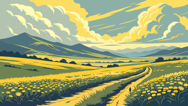 Stylized country landscape with rolling hills and wildflower meadow path