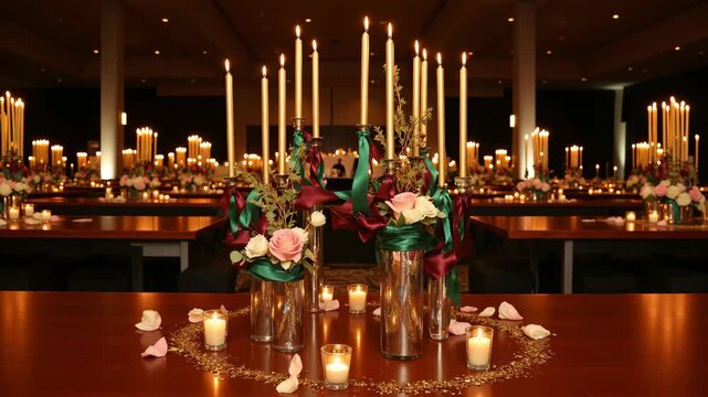 Warm candles glow on a polished wooden table. Candles line tables in a dimly lit banquet hall. Centerpieces with roses and greenery add elegance. Soft petals rest around small candles on the table