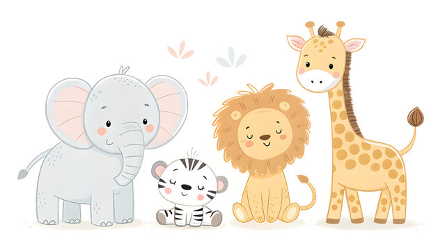 cute baby elephant, giraffe, lion, zebra, hippopotamus and monkey with soft pastel colors, minimalist nursery illustration, isolated on white background