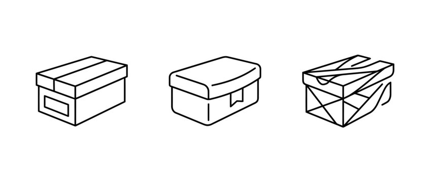 Three line drawings of different styles of package boxes and wrapped parcel