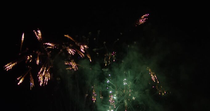 Many rapidly firing aerial fireworks launching into smokey night sky
