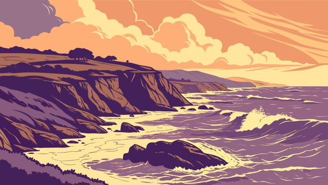 Dramatic coastal seascape with rocky cliffs and crashing ocean waves at sunset