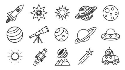 Space and astronomy line art icons set with astronomy telescope universe © khadija