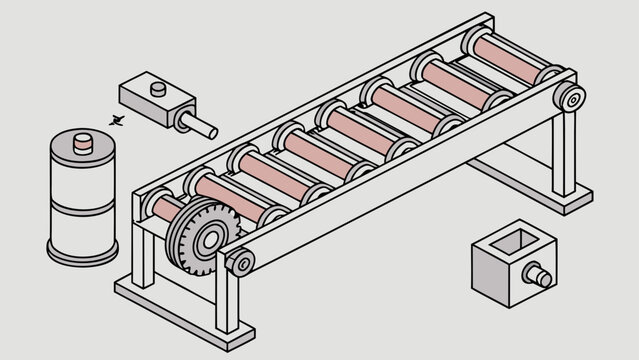 Industrial roller conveyor system technical diagram with parts, conveyor